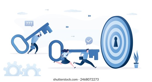 Successful team runs with big key. Loner loses the competition to group. Unlock target, hit target. Achievement of success, goals. Overcoming obstacles, problems. Motivation to teamwork. Flat vector