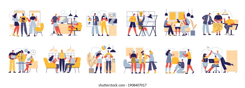 Successful team set of isolated icons with office interior elements and doodle style characters of coworkers vector illustration