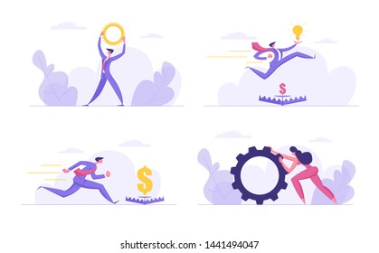 Successful Team Spirit Ambitious, Finance Business Concept Set. People Characters with Gears, Glowing Light Bulbs, Money Goal Trap, Creative Idea, Financial Dangers, Cartoon Flat Vector Illustration