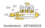 Successful team. Stick figures moving in a rocket. Business motivation, startup development. Vector illustration.