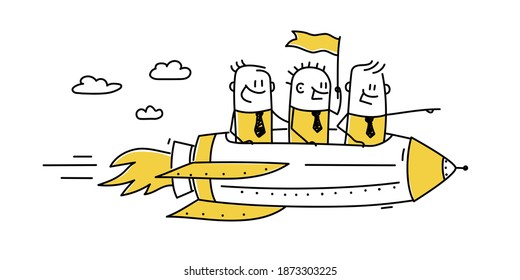 Successful team. Stick figures moving in a rocket. Business motivation, startup development. Vector illustration.