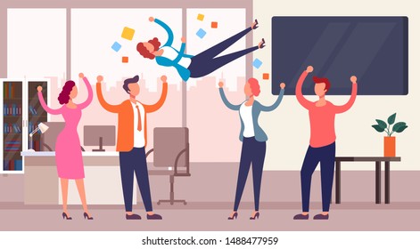 Successful team throwing colleague winner up. Business success concept. Vector flat cartoon graphic design isolated illustration