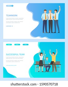 Successful team vector, men happy with won completion of task, teamwork of people. Office workers wearing formal suits, woman at workplace. Website or webpage template, landing page flat style