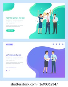 Exitoso vector de equipo, personas con trajes formales trabajando juntos al completar la tarea. Mujer y hombre celebrando el éxito y victoria del grupo. Plantilla de sitio web o página web, estilo plano de página de inicio