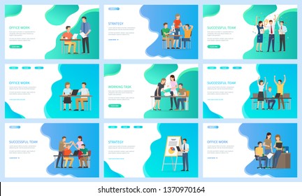 Successful team vector, people at work sitting by tables, workplace of office workers. Presentation and startup, success teamwork man and woman. Website or webpage template, landing page flat style