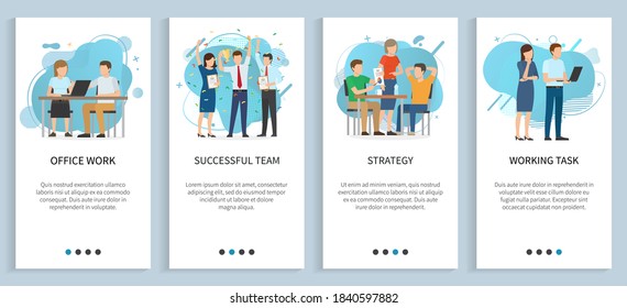 Successful team vector, strategy planning and working task, people celebrating success of company, employees meeting, conference discussion. Website or slider app, landing page flat style