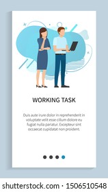 Successful team vector, workers thinking on development of business male and female wearing formal clothes, information on slider, teamwork. Website slider app template, landing page flat style