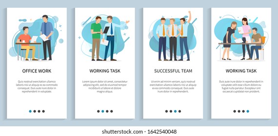 Successful team vector, working task and office work, people with papers and laptops thinking on solution and development of business set. Website or slider app, landing page flat style