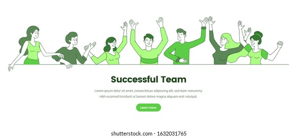 Successful team web banner vector template. Business company, corporate team building website landing page concept. Happy colleagues, office workers outline illustration with text space