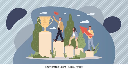 Successful team winning award. Winners walking upstairs on podium to prize cup flat vector illustration. Leadership, goal, achievement concept for banner, website design or landing web page