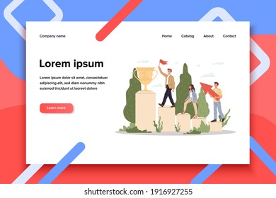 Successful team winning award. Winners walking upstairs on podium to prize cup flat vector illustration. Leadership, goal, achievement concept for banner, website design or landing web page
