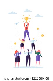 Successful Team Work Concept. Pyramid of Business People. Leader Holding Golden Cup on the Top. Leadership, Teamworking and Success. Vector illustration
