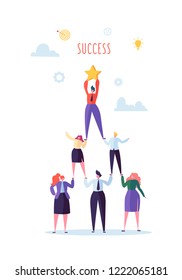 Successful Team Work Concept. Pyramid of Business People. Leader Holding Star on the Top. Leadership, Teamworking and Goal Achievement. Vector illustration