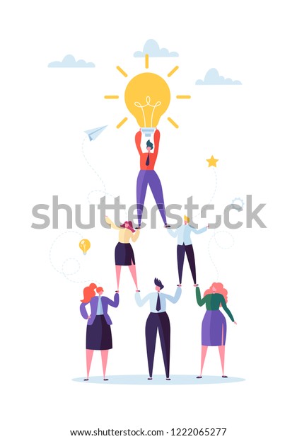 Successful Team Work Concept. Pyramid of\
Business People. Leader Holding Light Bulb on the Top. Leadership,\
Teamworking and Creative Idea. Vector\
illustration