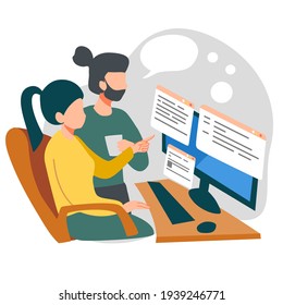 successful team Work together, talk, consult in front of the computer.Partnership Working concept Flat vector cartoon illustration.