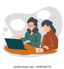 successful team Work together, talk, consult in front of the computer.Partnership Working concept Flat vector cartoon illustration.