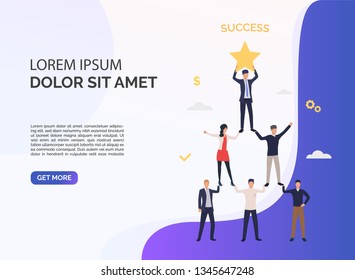 Successful teamwork blue presentation. Pyramid of business people. Business strategy and planning concept. Vector illustration can be used for topics like presentation, business, competition