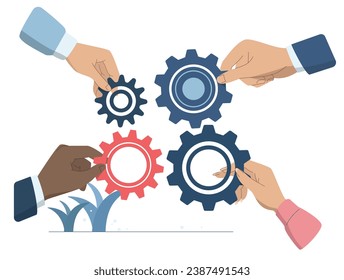 Successful teamwork, Business cooperation to solve problems, Driving the concept of efficient work processes in an organization or company, The hands of a business team move the gears together.