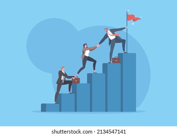 Successful Teamwork, Business Goals, Company Vision, Career Growth, Upskill, Mentorship Or Business Cooperation Concept. Group Of Office Workers Are Climbing And Help Together To The Top Of Step.