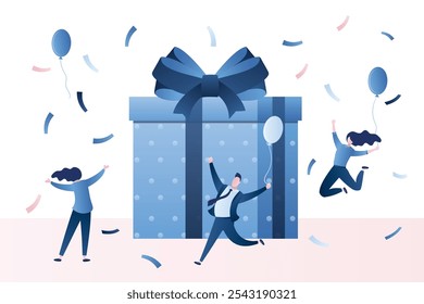 Exitoso Anuncio de victoria empresarial de trabajo en equipo. Gente de negocios celebrando con una gran caja de regalo. Recompensar el trabajo productivo y eficiente. Beneficio o concepto de programa de Recomendación digital. Ilustración vectorial de moda