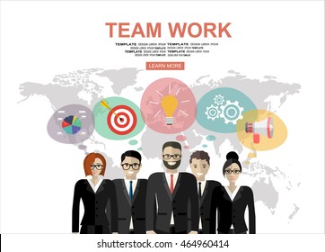 Successful teamwork. Businesspeople, man and woman, standing together in teamwork. Flat illustration concepts for web banners, web sites, printed materials, infographics. 