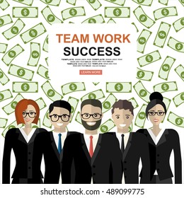 Successful teamwork. Businesspeople, man and woman, standing together in teamwork. Flat illustration concepts for web banners, web sites, printed materials, infographics.