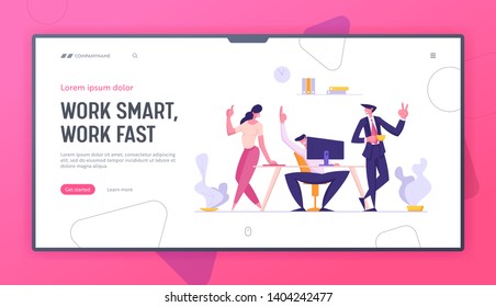 Banner de concepto de trabajo en equipo con un grupo de personajes sonrientes de negocios. Equipo trabajando juntos en un nuevo proyecto, Brainstorming Creative Idea Landing Page Web. Ilustración de dibujos animados