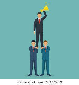 Successful teamwork concept. Creative business people. Leader with trophy stands on pyramid of businessmen. Golden winner cup in hand. Vector illustration flat design. Isolated on background.