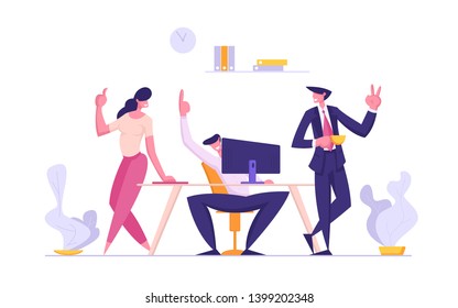 Successful Teamwork Concept with Group of Smiling Business People Characters. Team Working Together on New Project, Brainstorming Creative Idea. Vector flat cartoon illustration