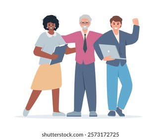 Successful teamwork concept. Happy colleagues, office workers group. Business team success, teambuilding. Vector characters illustration isolated.