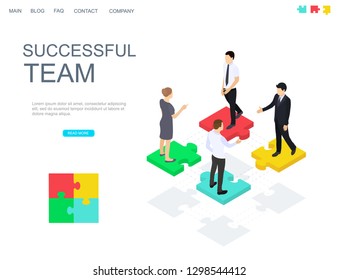 Successful teamwork concept website banner. Isometric view. Puzzle and businessmen isolated on white background.