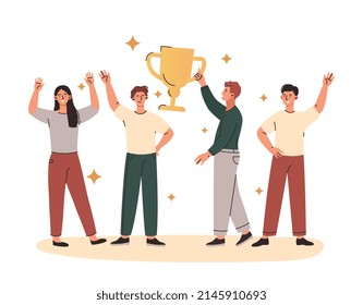 Successful teamwork concept. Young employees of company with gold cup smile and celebrate achievement of goals. Effective partnership or collaboration. Cartoon contemporary flat vector illustration