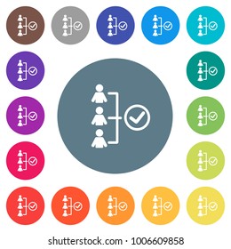 Successful teamwork flat white icons on round color backgrounds. 17 background color variations are included.