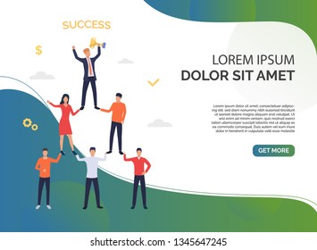Successful teamwork green presentation. Pyramid of business people. Business strategy and planning concept. Vector illustration can be used for topics like presentation, business, competition
