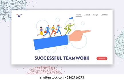 Successful Teamwork Landing Page Template. Business People Characters Run by Huge Hand with Index Finger Showing Direction. Business Team Leadership, , Challenge Concept. Cartoon Vector Illustration