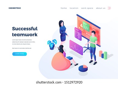 Successful teamwork landing page vector template. Team management website homepage interface idea with isometric illustrations. Goal achievement strategy development web banner 3D cartoon concept