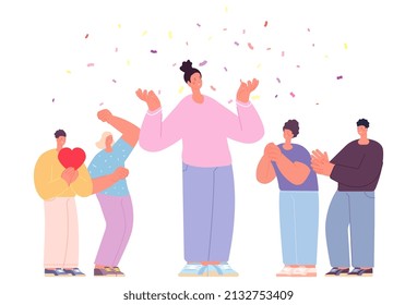 Successful teamwork with leader. Happy male and female cartoon characters clapping to woman. People under flying confetti celebrate together vector scene