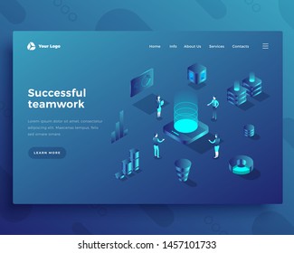 Successful teamwork office people characters and interact with computer landing page or banner template. 3d isometric vector illustration.