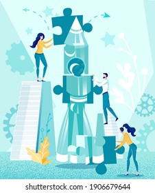 Successful Teamwork on Startup Creation, Launching. People Coworking Do Jigsaw Puzzle Rocket. Creative Colleagues Characters. Collaboration. Perspective Solution, Ambitions. Vector Illustration