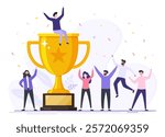Successful teamwork people with golden trophy cup award, Team celebrating victory, Symbol of victory, Triumph reward, Employee team with prize, Winning business team concept flat vector illustration.