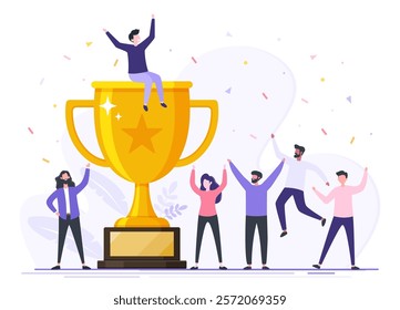 Successful teamwork people with golden trophy cup award, Team celebrating victory, Symbol of victory, Triumph reward, Employee team with prize, Winning business team concept flat vector illustration.