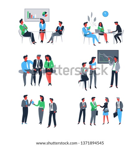 Successful teamwork people at work giving presentation vector man and woman coworkers thinking on business plan and stats meeting of partners and discussion of future project strategy development