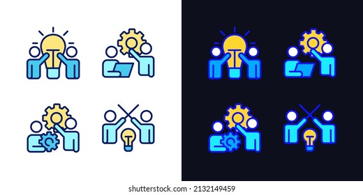 Successful teamwork pixel perfect light and dark theme color icons set. New ideas. Simple filled line drawings. Bright cliparts on white and black. Editable stroke. Quicksand-Light font used