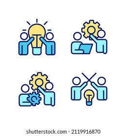 Successful teamwork pixel perfect RGB color icons set. New ideas. Coordination and collaboration. Isolated vector illustrations. Simple filled line drawings collection. Editable stroke