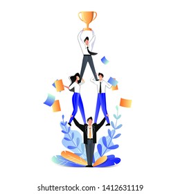 Successful Teamwork And Support Business Concept. Vector Trendy Flat Illustration. Businessmen Acrobats Standing In Pyramid And Holding Team Leader With Prize Cup On Top.