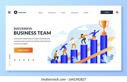 Successful teamwork and support of team leader. People climb diagram chart for the prize, business metaphor. Vector flat illustration. Partnership, goals achievement and leadership concept.