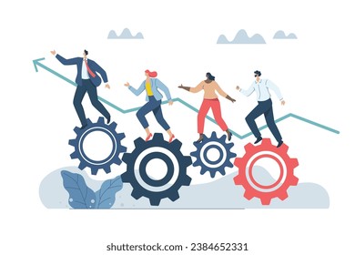 Successful teamwork, Team cooperation helps mission success, Driving the concept of efficient work processes in business organizations, Teamwork helps drive the gears together. Vector illustration.