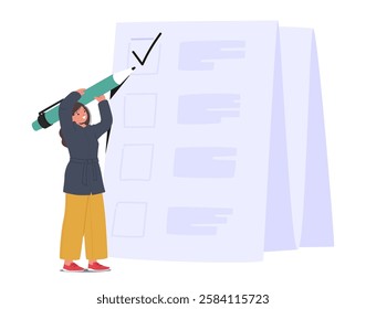 Successful teenage girl student character checking to-do list writing tick mark completed task checkbox during productive day routine schedule checkout vector illustration. Study time management