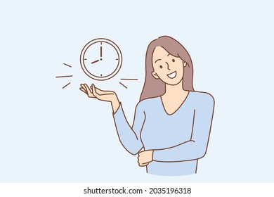 Successful time management and alarm concept. Young smiling woman cartoon character standing showing alarm clock with eight hours time on it vector illustration 