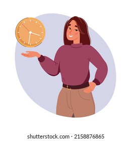 Successful time management and alarm concept. Young smiling woman cartoon character standing showing alarm clock vector illustration. Training activities, planning tasks, schedule checkpoints isolated